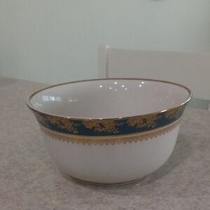 Ethan Allen White Porcelain Bowl with Teal and Gold Band